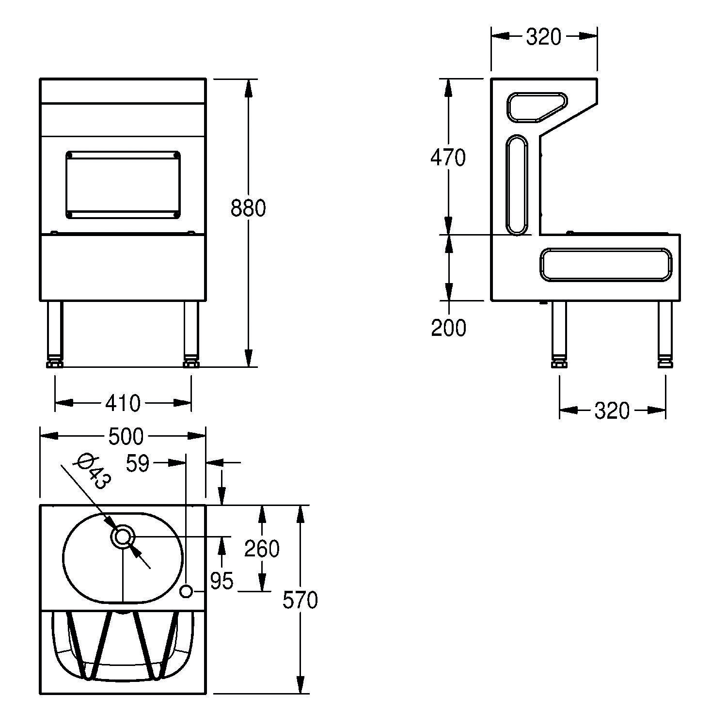 Technische Zeichnung eines kompakten Waschbeckens mit Abmessungen: Höhe 880 mm, Tiefe 320 mm, Breite 410 mm. Enthält Seiten- und Frontansicht.