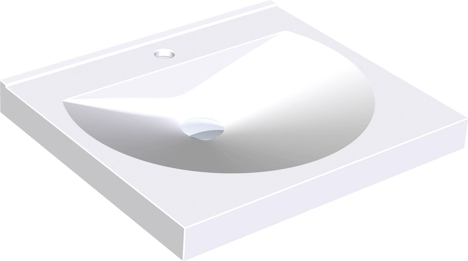 Ein weißes, rechteckiges Waschbecken mit einem schlichten, modernen Design, ausgestattet mit einer Bohrung für einen Wasserhahn und einem zentralen Abfluss.