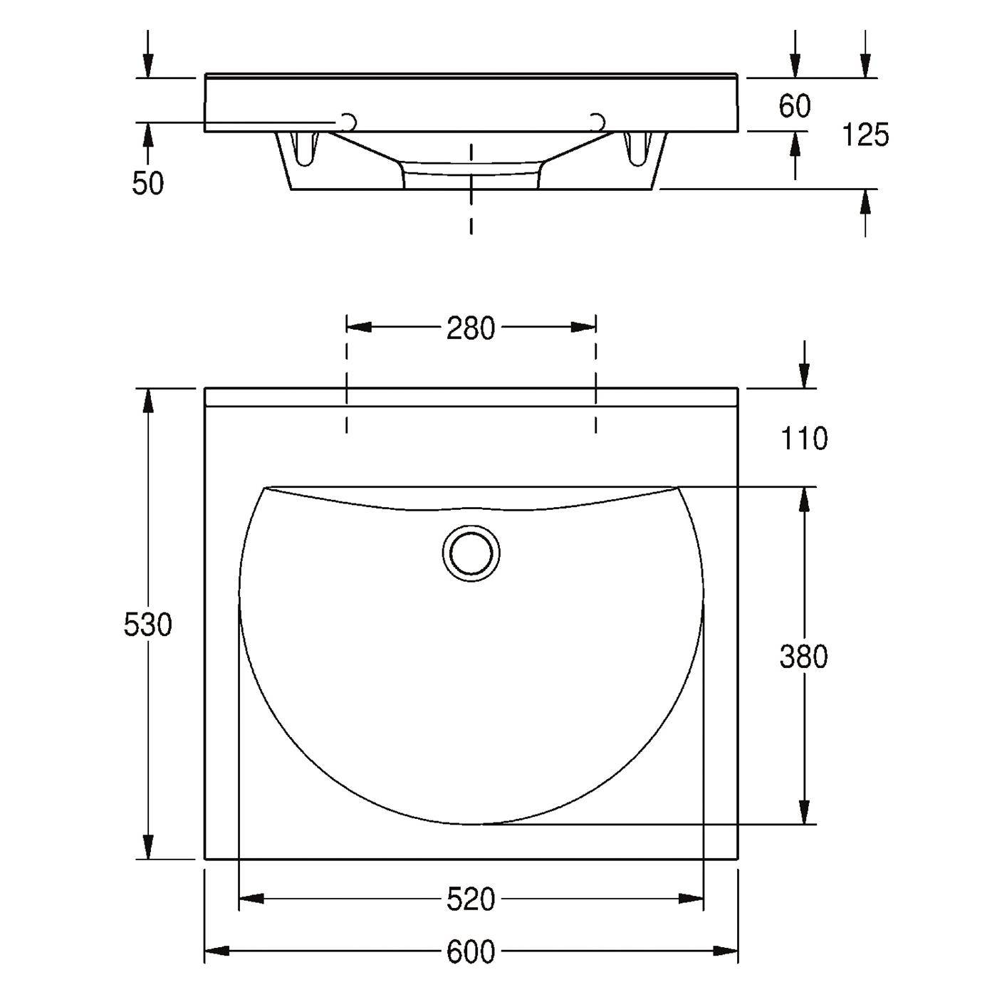 Technische Zeichnung eines quadratischen wandgestützten Waschbeckens mit Drauf- und Vorderansicht, die Abmessungen zeigen: 600 breit, 530 hoch, 125 tief, 60 Rand, 520 Waschbeckenbreite, 380 Waschbeckenhöhe.