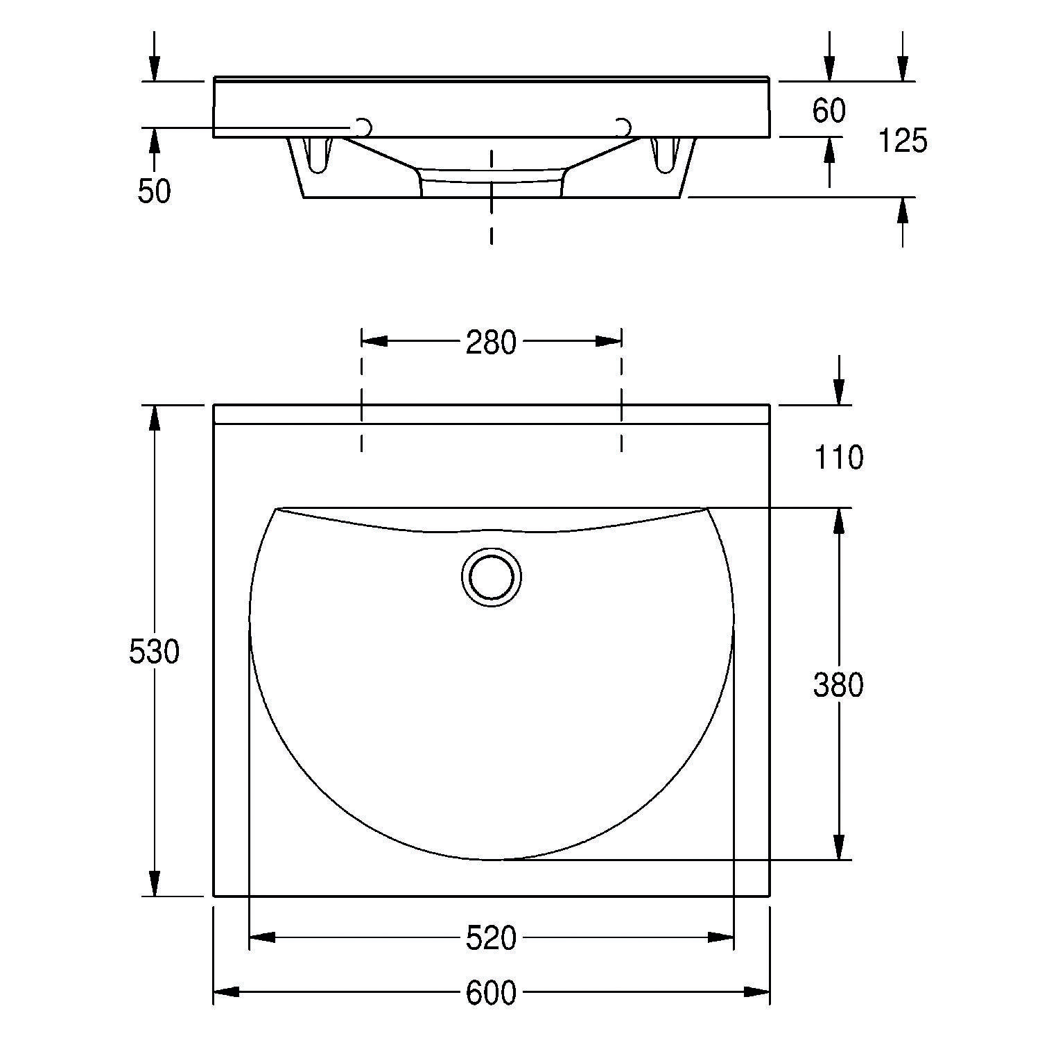 Schematische Darstellung eines rechteckigen Waschbeckens mit Abmessungen: Breite 600 mm, Tiefe 530 mm, Beckenbreite 520 mm, Beckentiefe 380 mm. Ablauf zentriert.