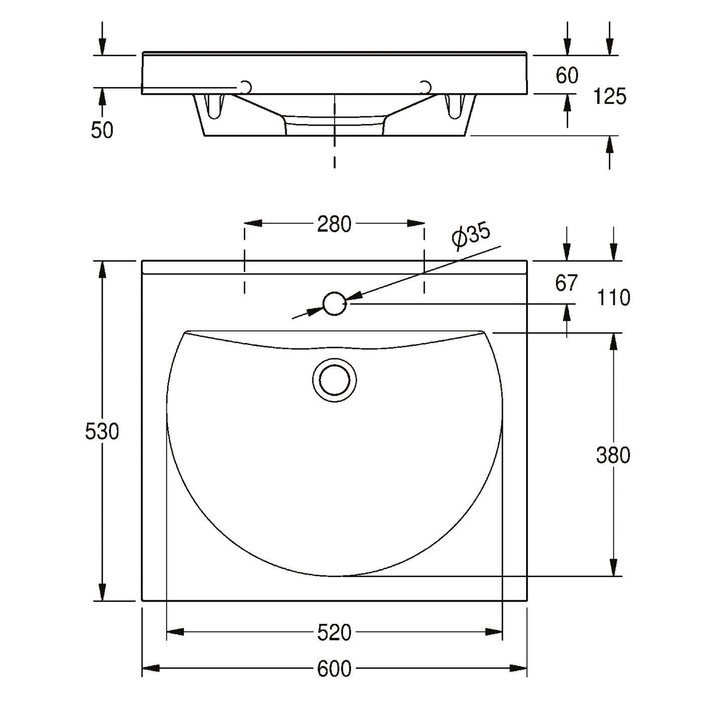 Technische Zeichnung eines rechteckigen Spülbeckens mit Vorder- und Seitenansicht, mit einer Gesamtgröße von 600 x 530 mm und gekennzeichneten Öffnungen und Höhen.
