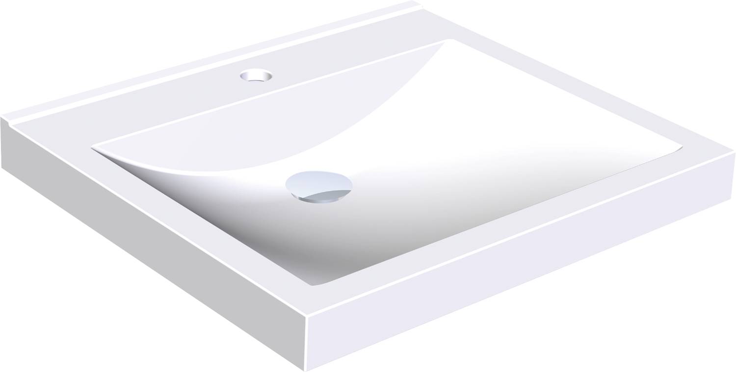 Ein weißes rechteckiges Waschbecken mit einem einzelnen runden Wasserhahlloch, vor einem schwarzen Hintergrund.