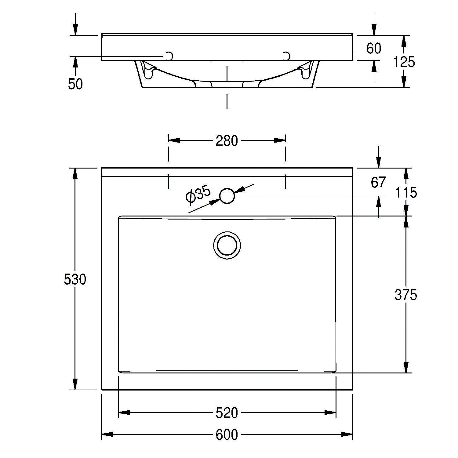 Eine technische Zeichnung eines quadratischen Waschbeckens mit folgenden Maßangaben: Gesamtbreite 600 mm, Tiefe 530 mm und Beckentiefe 125 mm. Lochdurchmesser 35 mm.
