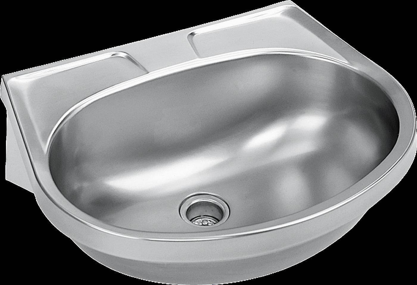 Edelstahl-Wandwaschbecken mit zwei rückwärtigen Seitenborden und zentralem Ablauf.
