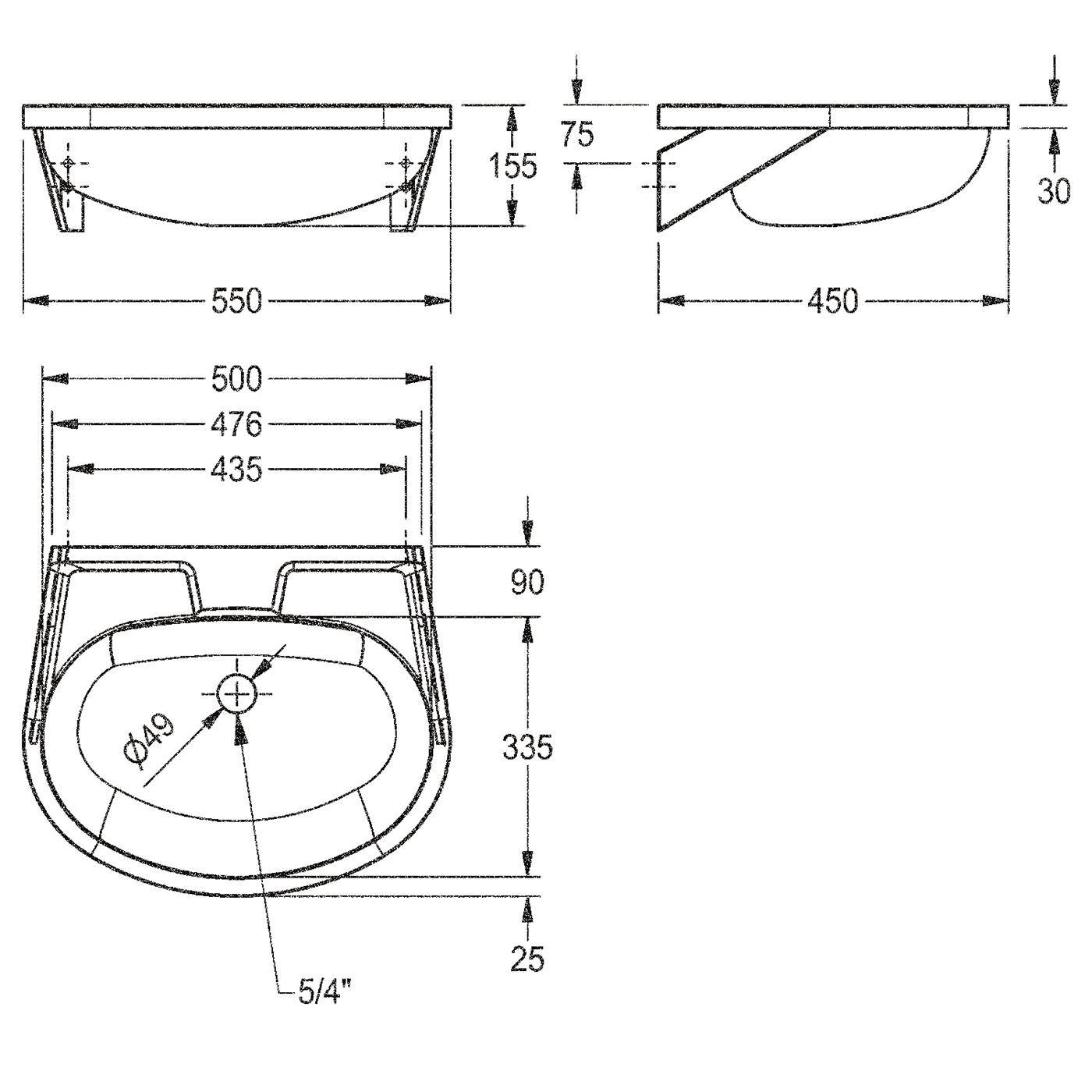# Technische Strichzeichnung einer wandmontiertem Toilette mit Abmessungen in Millimetern, die Vorder-, Seiten- und Draufsicht zeigt.