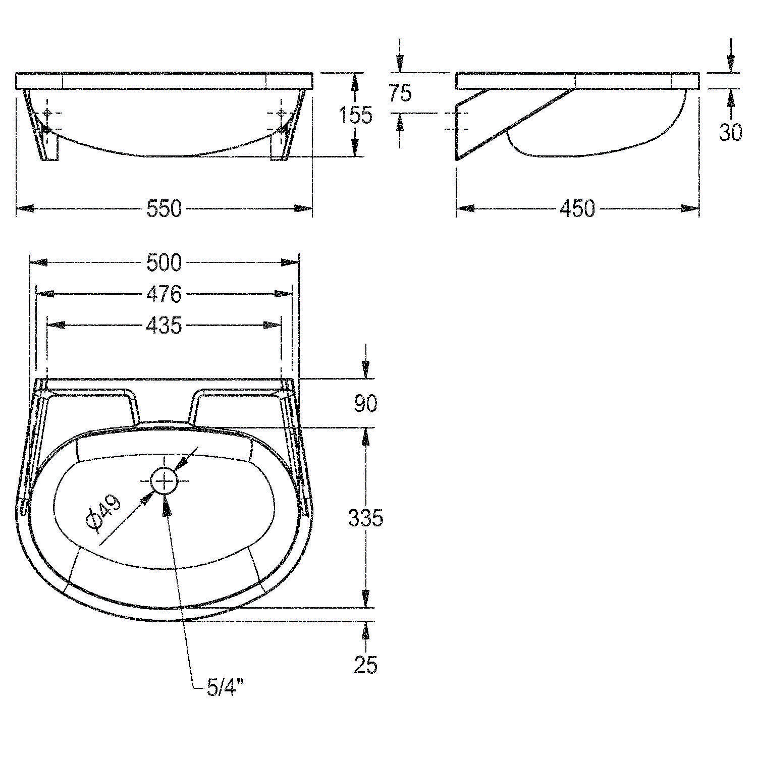 Technische Zeichnung eines Wandwaschbeckens mit Abmessungen: Breite 550 mm, Tiefe 450 mm. Enthält Draufsicht, Seitenansicht und Frontansicht mit detaillierten Maßangaben.