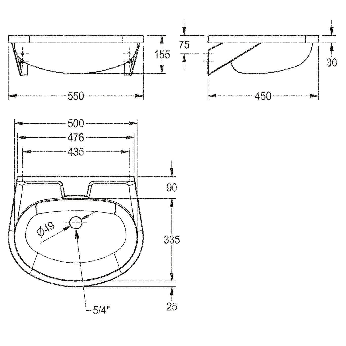 Technische Maßzeichnung einer Toilette, die Vorder-, Seiten- und Draufsicht mit Abmessungen in Millimetern und einer Abflussöffnung von 5/4 Zoll zeigt.