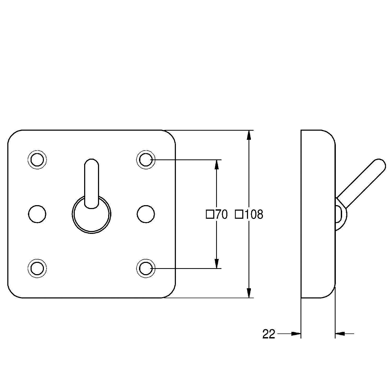 Technische Zeichnung einer quadratischen Befestigungsplatte mit Abmessungen. Frontansicht zeigt vier Schraubenlöcher und einen zentralen Schlitz; Seitenansicht zeigt eine Dicke von 22 mm.