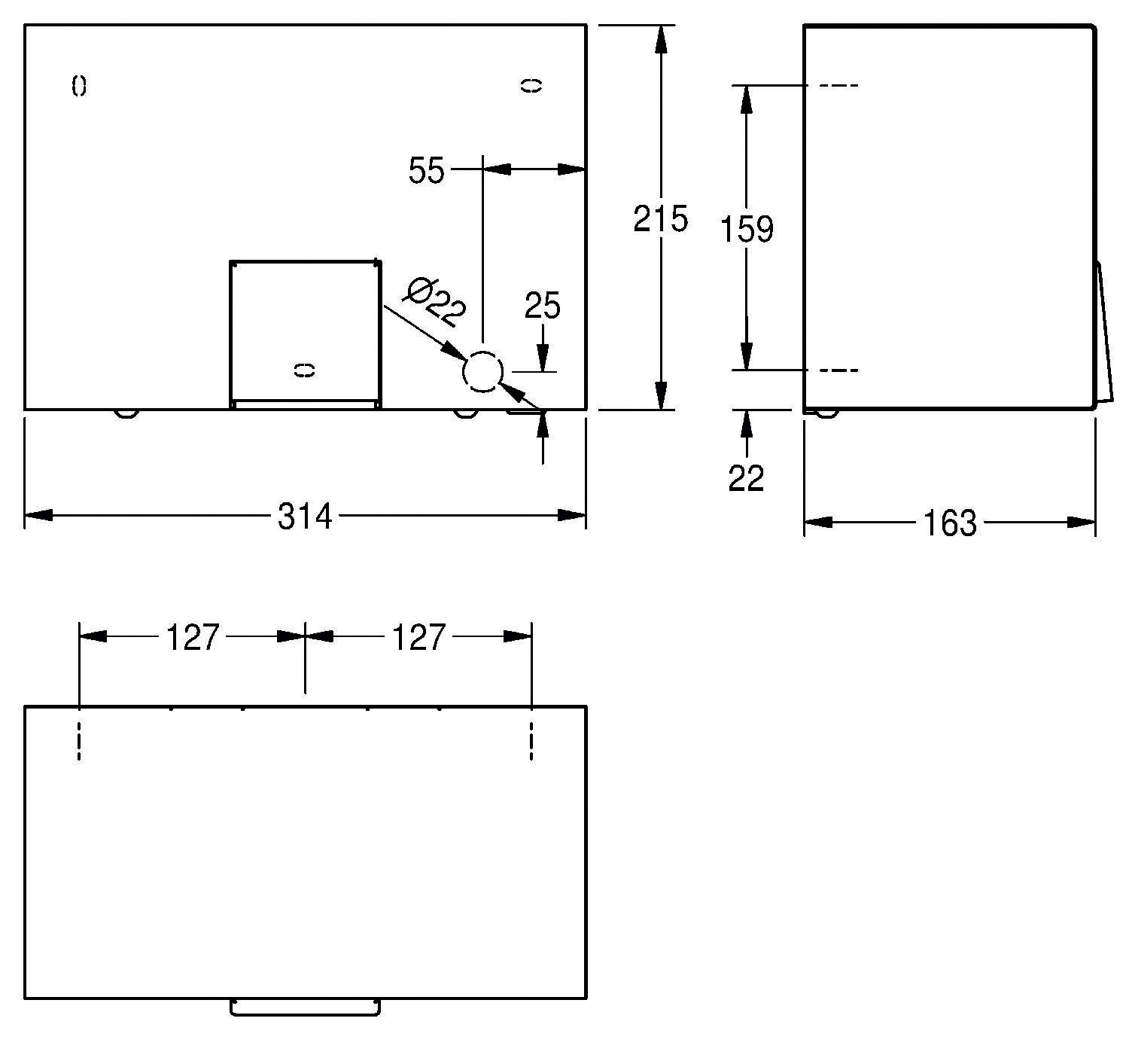 Technische Zeichnung zur Darstellung der Abmessungen eines elektrischen Komponentenkastens, die verschiedene Messungen und Platzierungen von Bauteilen veranschaulicht.