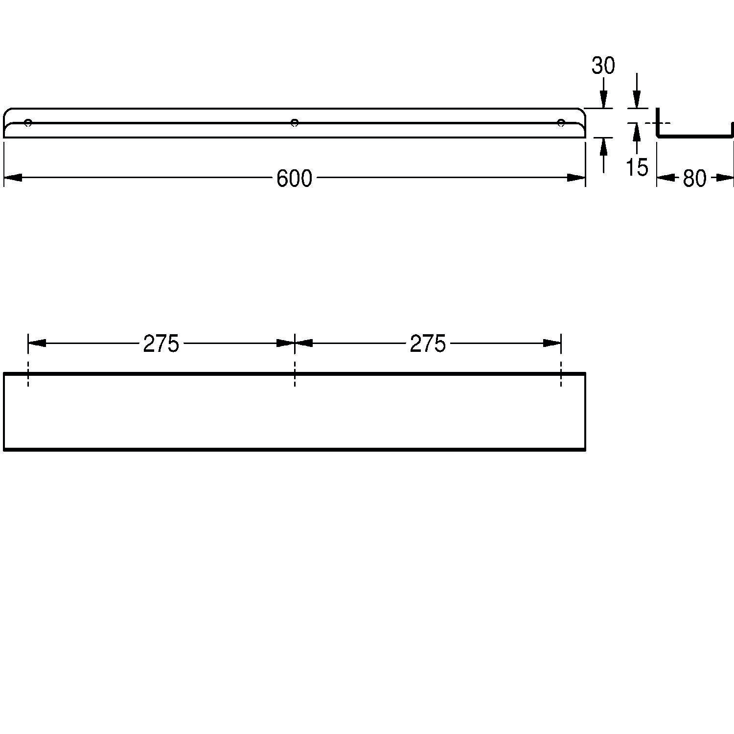 Technische Zeichnung zur Darstellung der Abmessungen eines rechteckigen Objekts. Draufsicht: 600x30 mm; Seitenansicht: Höhe 80 mm mit einer 15 mm Lippe.