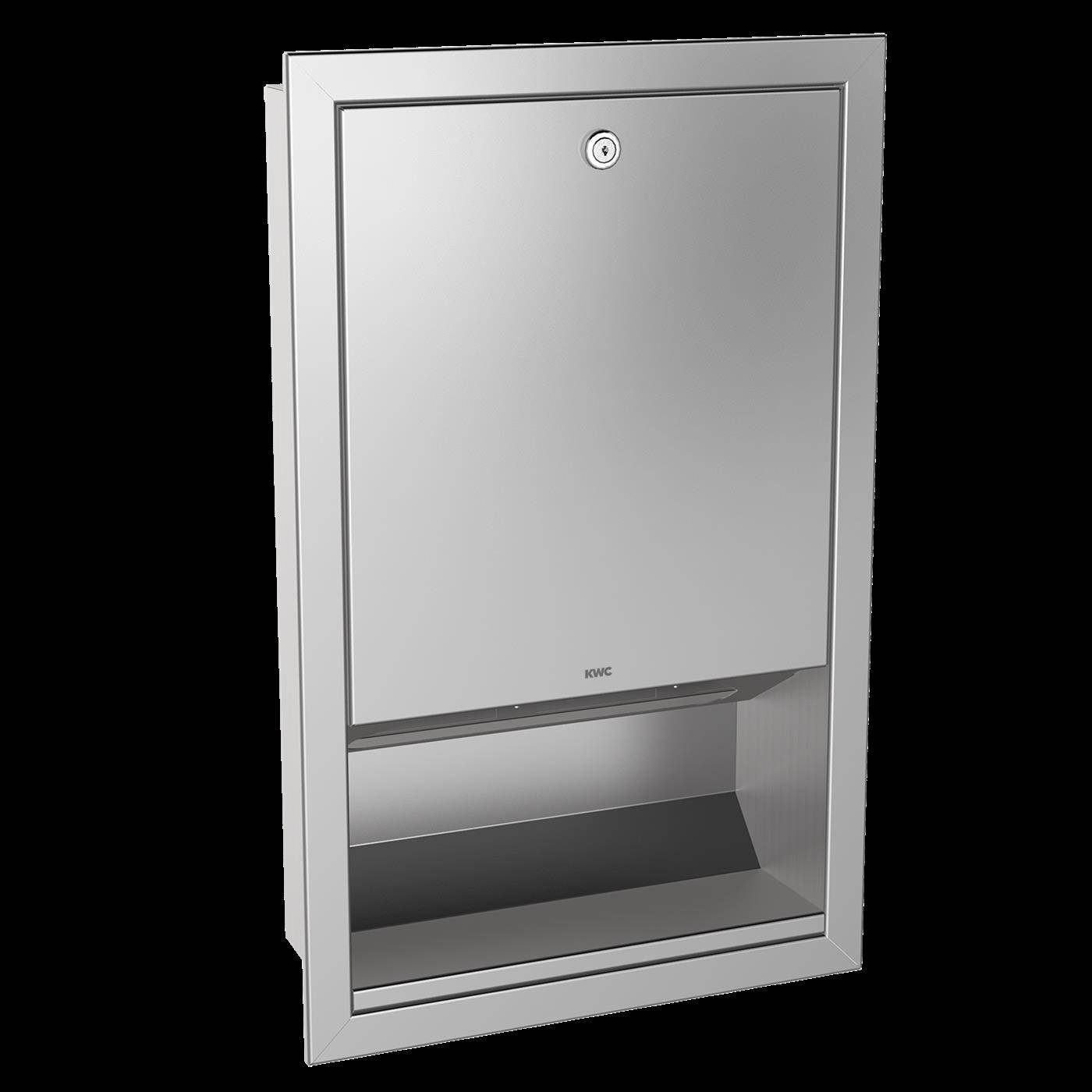 Einbau-Wandschrank aus Edelstahl mit Schloss und offenerem Unterbereich, gezeigt vor einem einfachen Hintergrund.