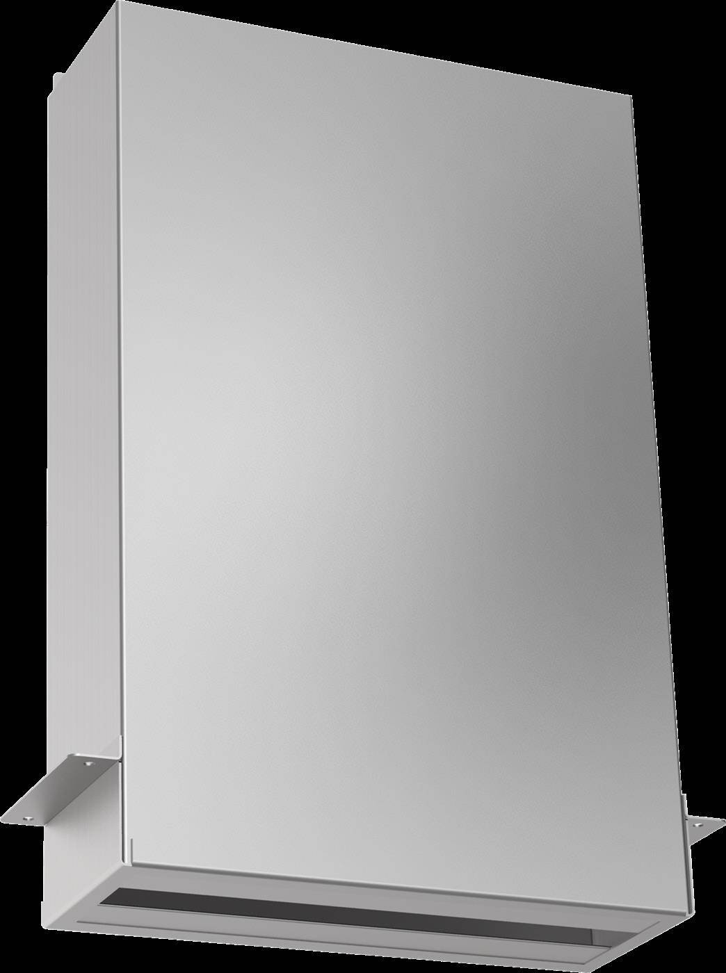 Silberner, wandmontierter Metallschrank oder Dunstabzugshaube mit hohem rechteckigem Frontpanel und Seitenbefestigungen, dargestellt vor neutralem Hintergrund.