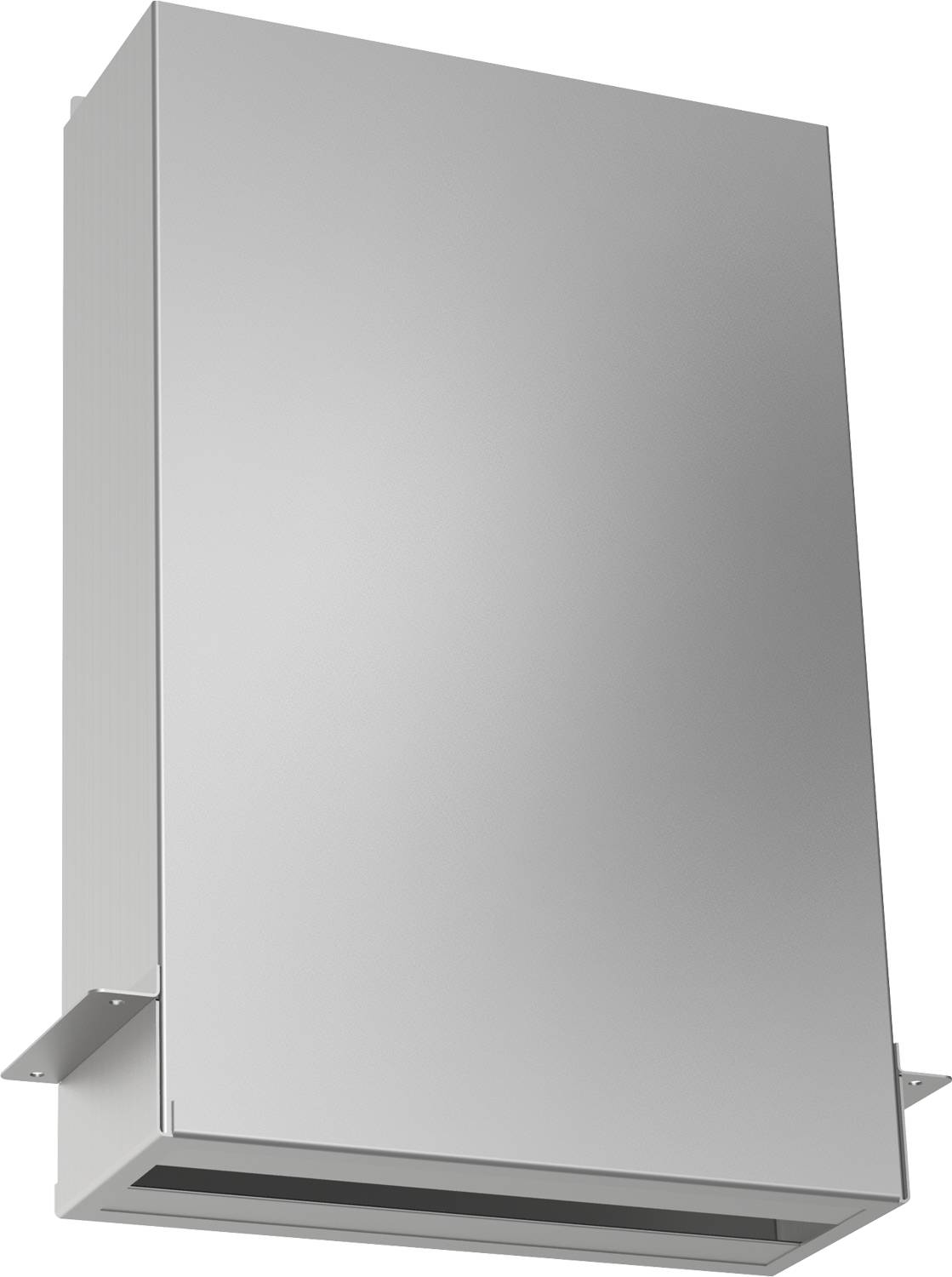 Das Bild zeigt einen minimalistischen, silbernen Standspiegel mit klaren Linien und rechteckiger Form vor einem schwarzen Hintergrund.