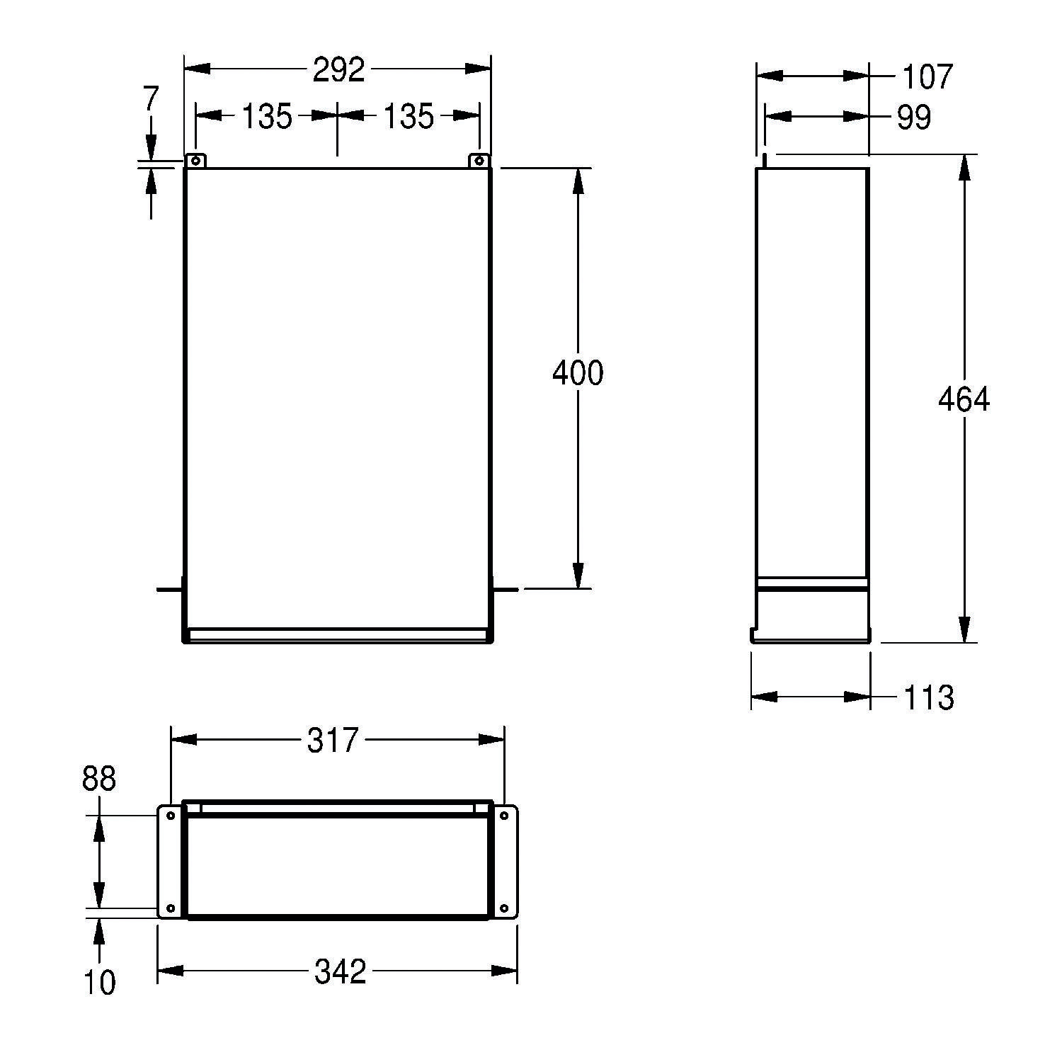 Technische Zeichnung eines rechteckigen elektronischen Geräts mit Abmessungen: 400x292 mm Frontansicht, 464x107 mm Seitenansicht, 342x88 mm Unteransicht.