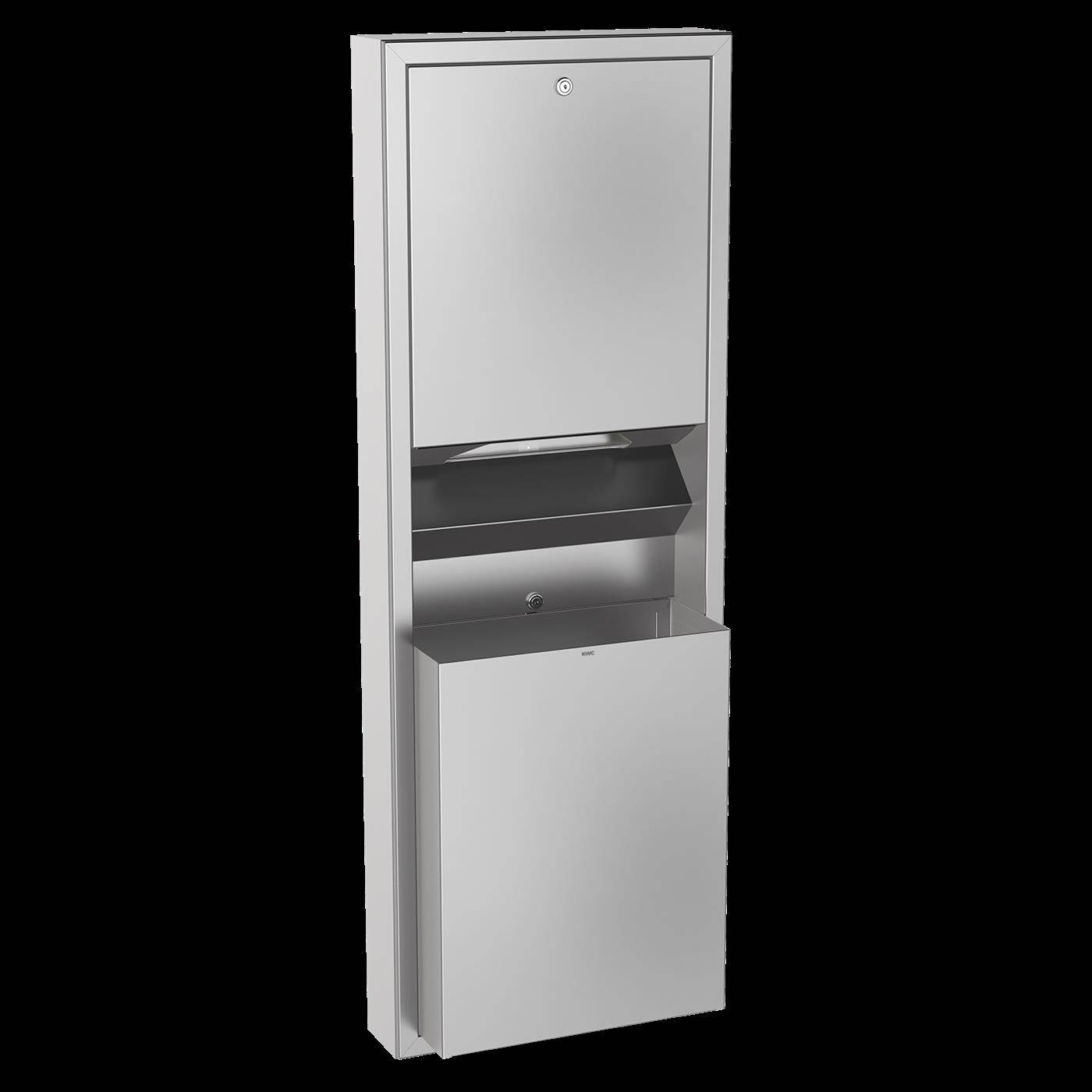 Wandmontierter Metallschrank mit oberer Tür, offenen Mittelbord und unterer Klapptür, Frontansicht auf schwarzem Hintergrund.