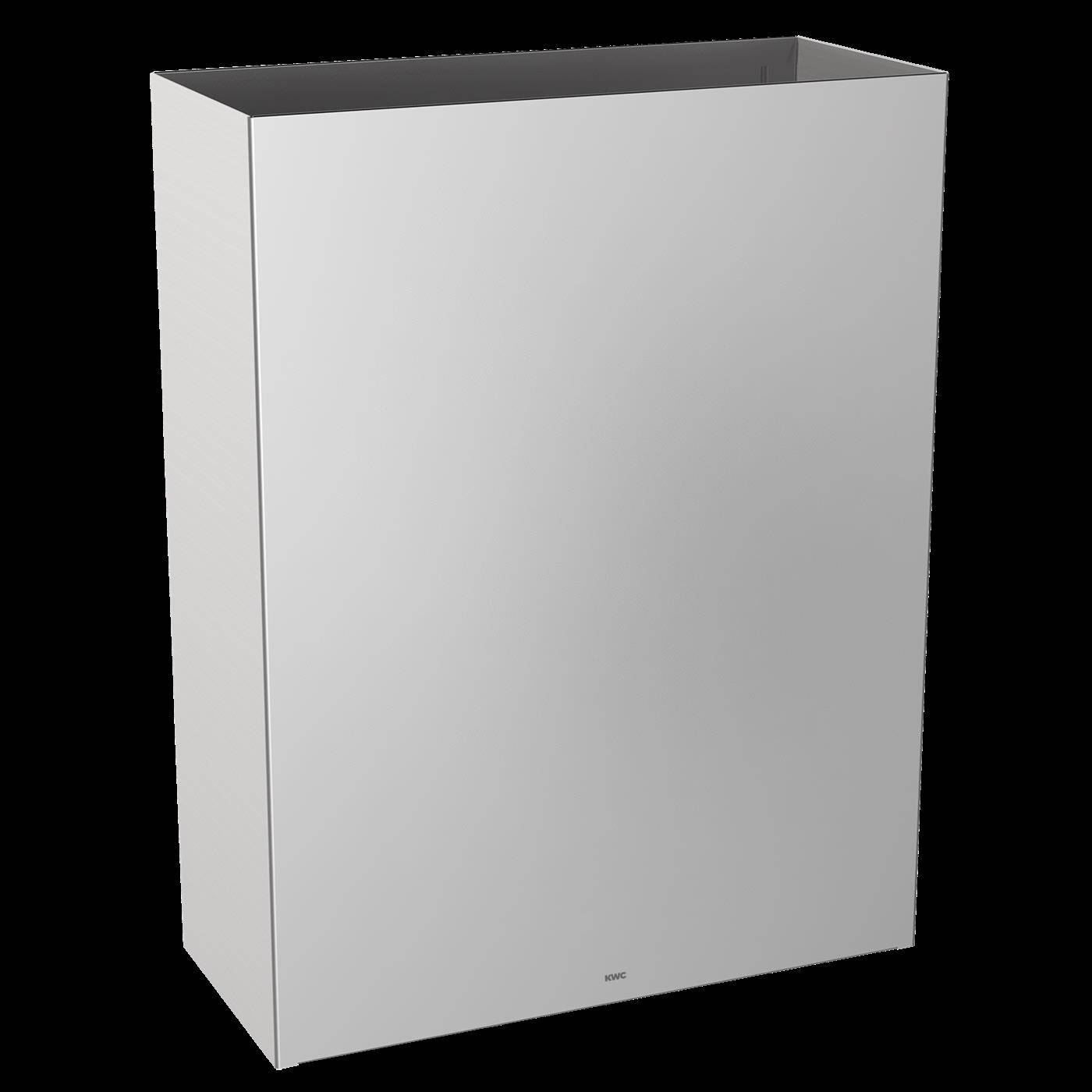 Weißer an der Wand montierter Lagerschrank mit offener Oberseite und einfachem flachem Frontdesign vor schwarzem Hintergrund.