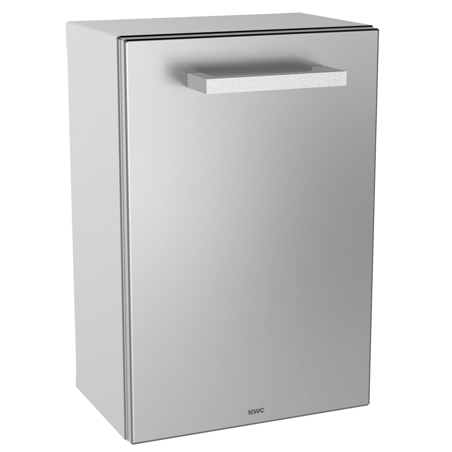 Ein Metallschrank mit einem rechteckigen Griff, der vor einem einfarbigen Hintergrund abgebildet ist.