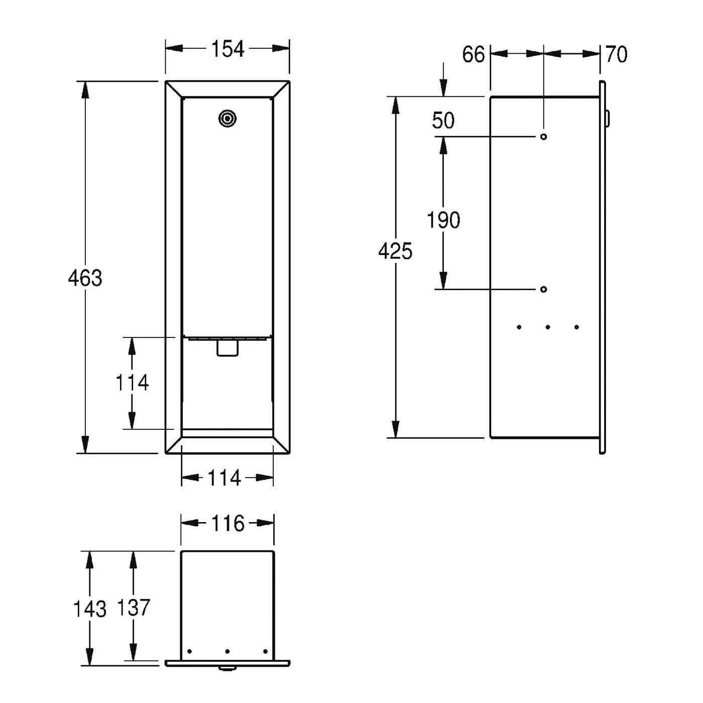 Technische Zeichnung eines wandmontierten Spenders mit Vorder-, Seiten- und Unteransicht mit Abmessungen von 463 mm Höhe, 154 mm Breite, 70 mm Tiefe.
