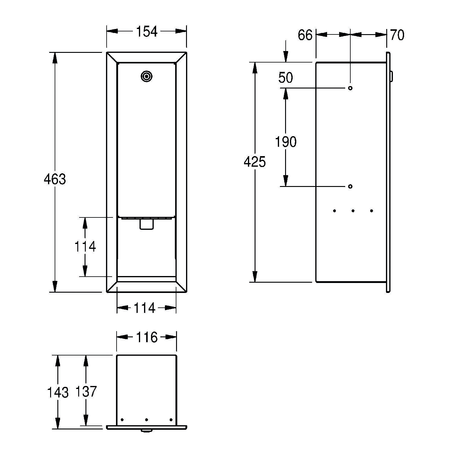 Technische Zeichnung eines wandmontierten Geräts mit Abmessungen. Frontansicht: Höhe 463 mm, Breite 154 mm. Seitenansicht: Tiefe 70 mm.