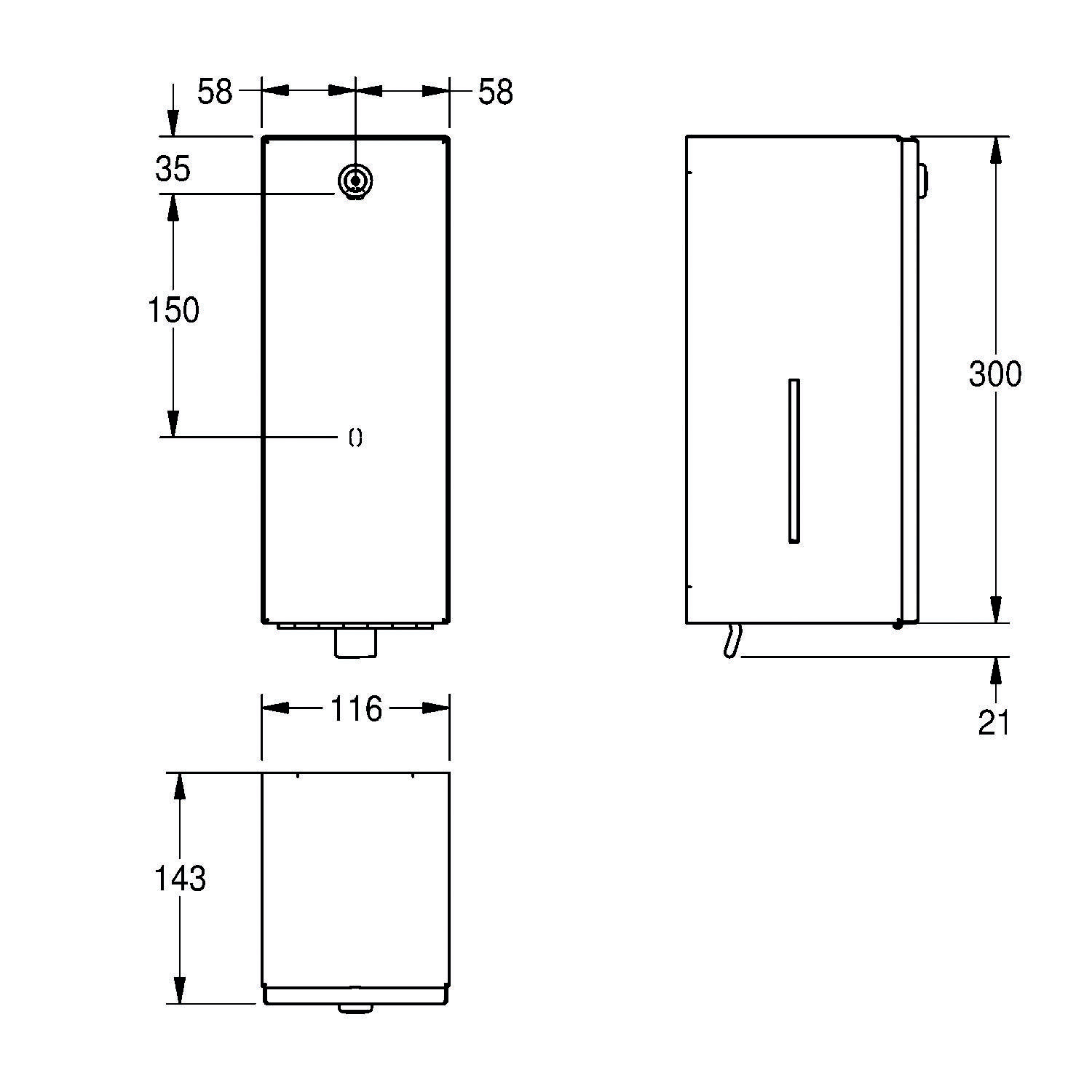 Technische Zeichnung eines rechteckigen Spenders mit Abmessungen: 58 mm Breite, 150 mm Höhe und 116 mm Tiefe. Seitenansichtshöhe beträgt 300 mm.