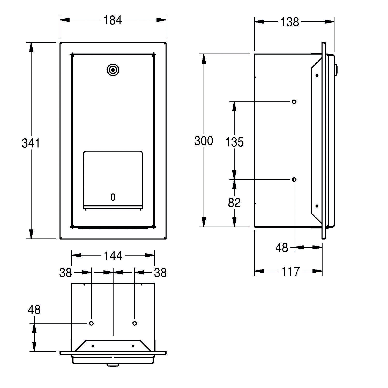 Technische Zeichnung eines rechteckigen Geräts mit Vorder-, Seiten- und Unteransicht und den Abmessungen: 184x341 mm Vorderseite, 138x300 mm Seitenansicht und 144 mm Bodenbreite.