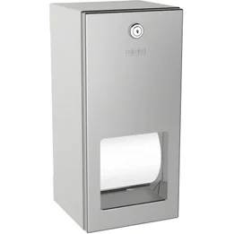Wandmontierter Toilettenpapierhalter aus Edelstahl mit Rundschließung und Sichtfenster an der Vorderseite.