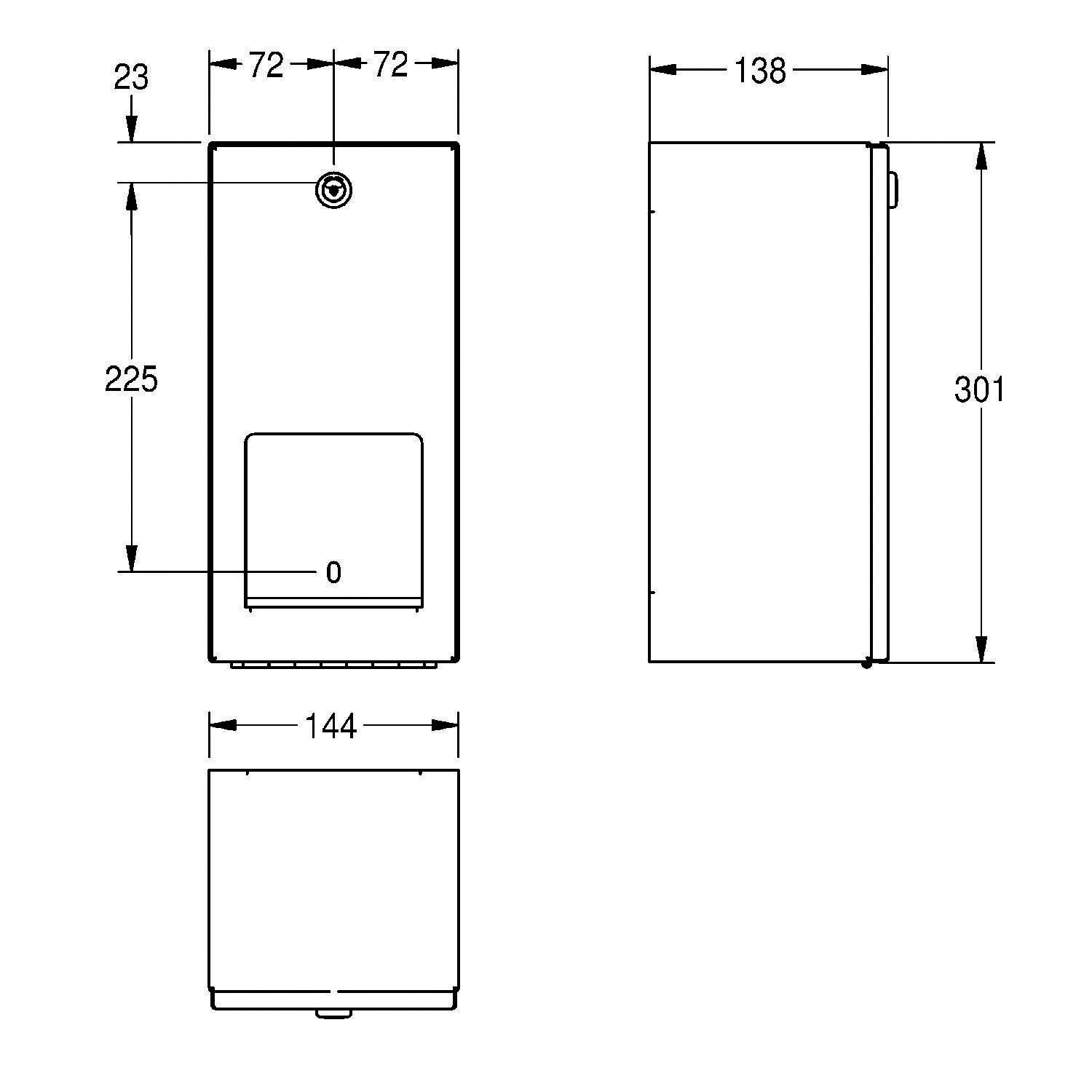 Technische Zeichnung eines rechteckigen Geräts mit Abmessungen 225x72x23 mm. Seitenansichtshöhe: 301 mm, Breite: 138 mm, Oberseite Breite: 144 mm.