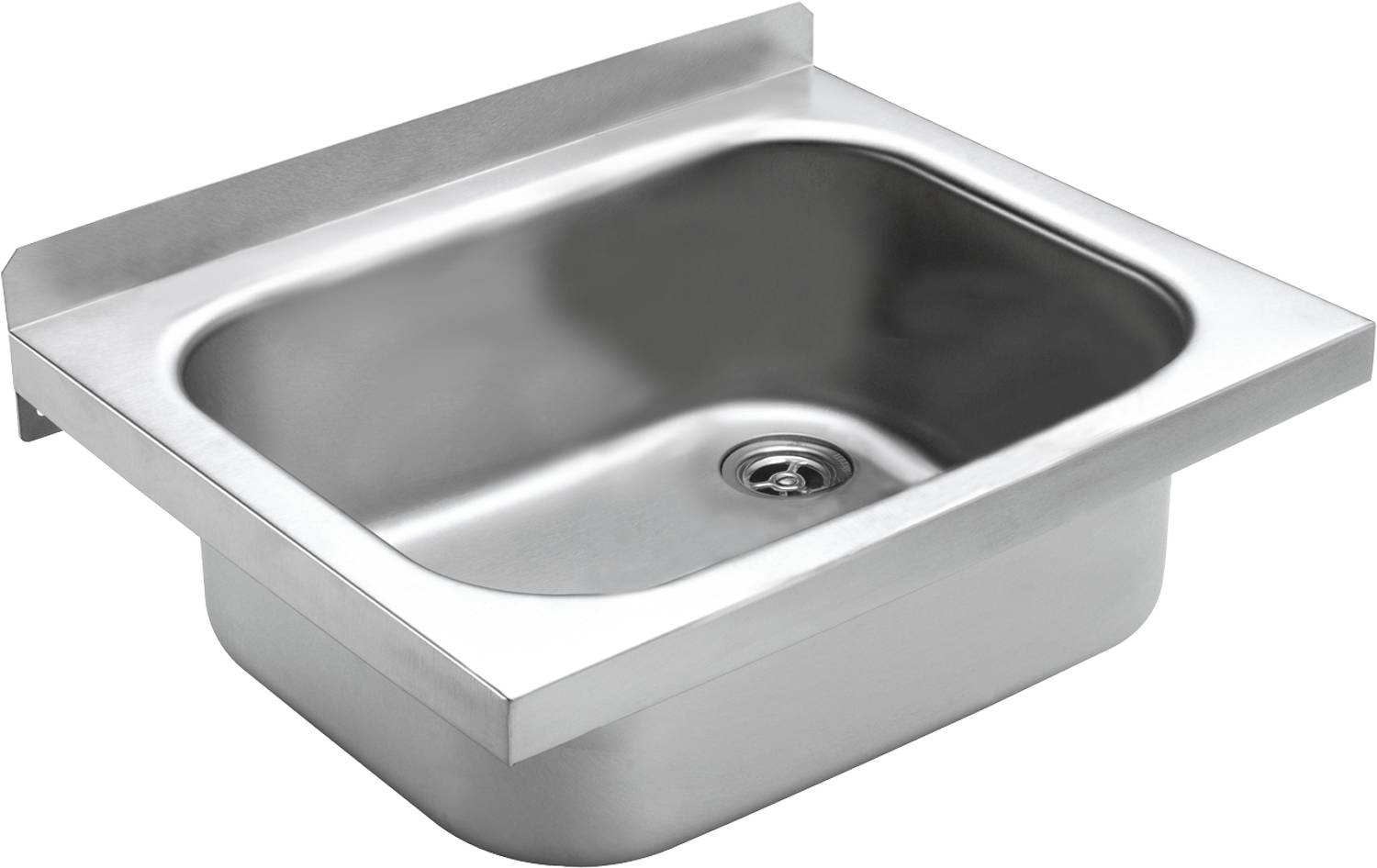 Ein Küchenspülbecken aus Edelstahl mit flachem Rand, versehen mit einem zentralen Ablauf und modernem Design.