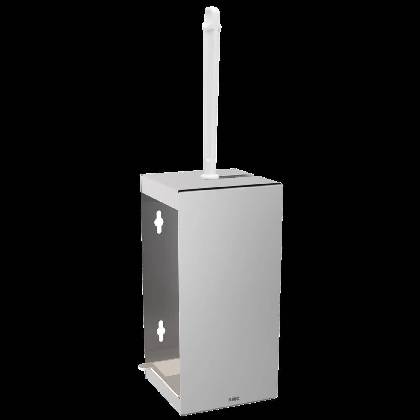 Weißer an der Wand montierter Toilettenbürsten-Halter mit aufrecht stehendem Bürstengriff, gezeigt vor schwarzem Hintergrund.