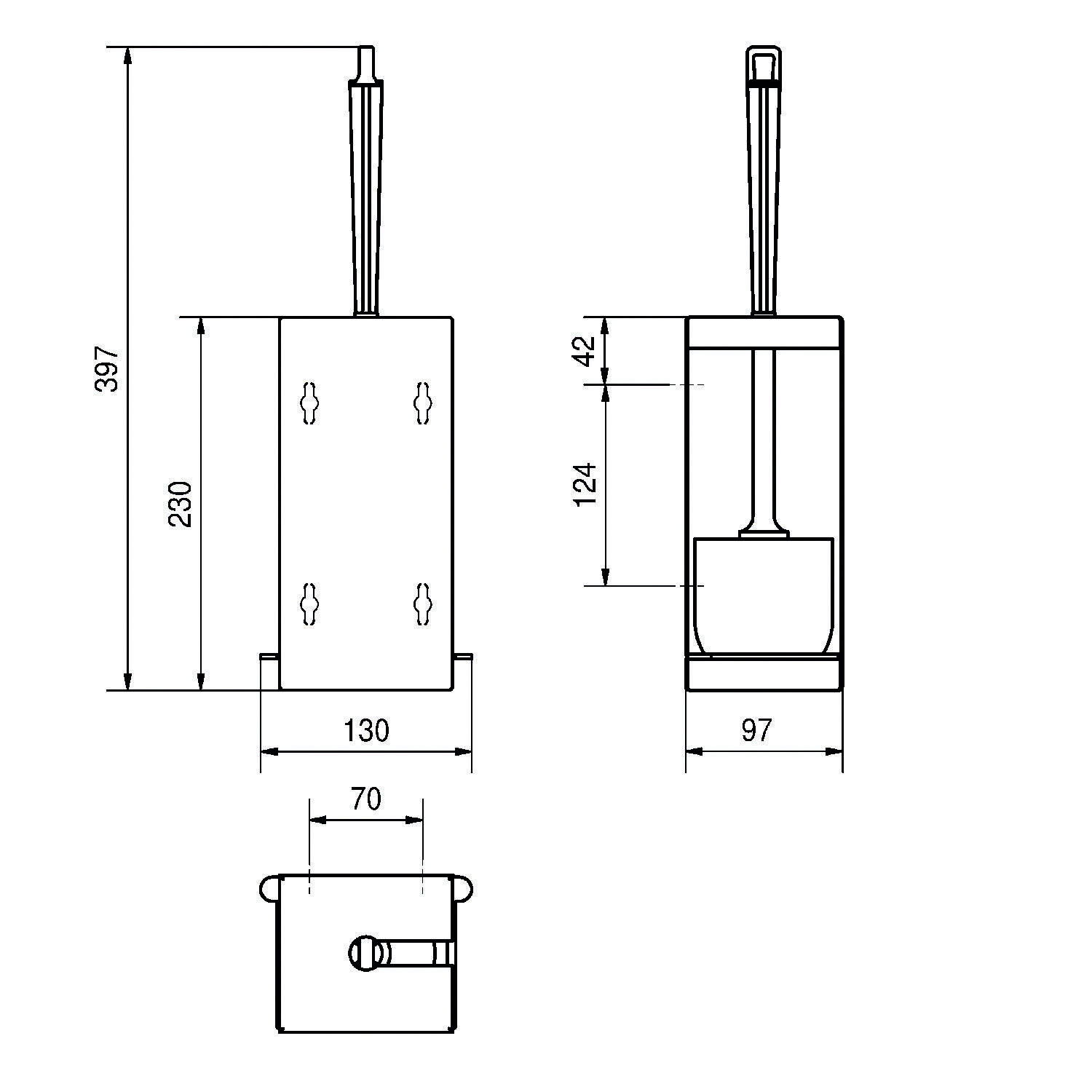Technische Zeichnung einer mechanischen Komponente mit beschrifteten Abmessungen. Die Haupthöhe beträgt 397 mm, die Basisbreite 130 mm und die Tiefe 97 mm.