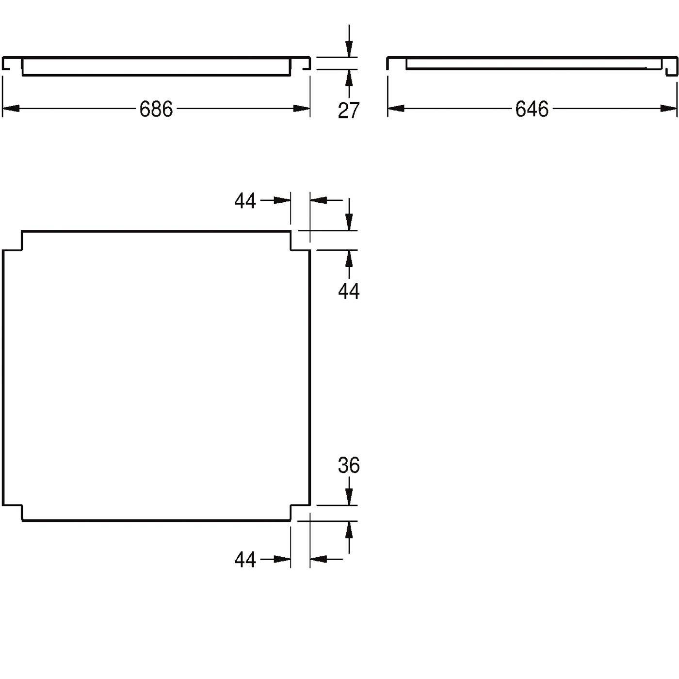 Technisches Dimensionsdiagramm eines rechteckigen Panels mit abgestuften Ecken, das obere Breiten von 686 und 646, eine Dicke von 27 und seitliche Versätze von 44, 44 und 36 zeigt.
