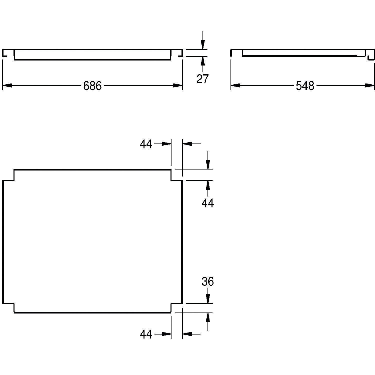 Technische Bauzeichnung eines Objekts mit detaillierten Messungen. Breite oben: 686 mm, Seitenbreite: 548 mm und mehrere 44-mm-Abschnitte.