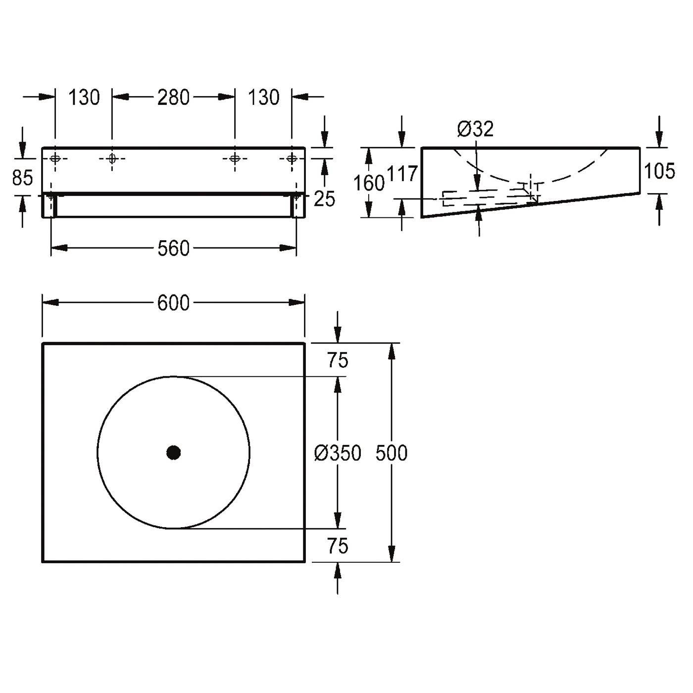Technische Zeichnung eines rechteckigen Panels mit einer kreisförmigen Öffnung, die Vorder-, Seiten- und Draufsicht mit den Abmessungen 600 x 500 und Loch-Durchmesser Ø350 zeigt.