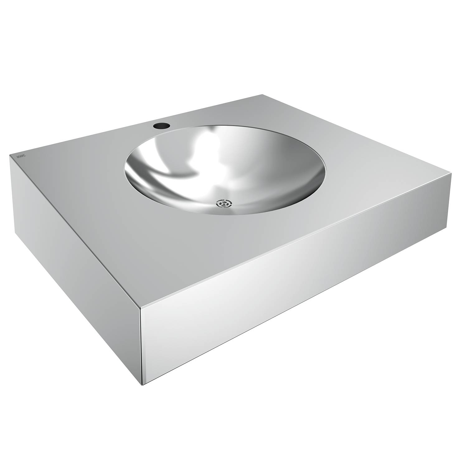 Ein schlanker, moderner Edelstahlspülbecken mit einer kreisförmigen Wanne, die in eine quadratische Arbeitsplatte eingelassen ist. Die Oberfläche ist glatt und reflektierend.