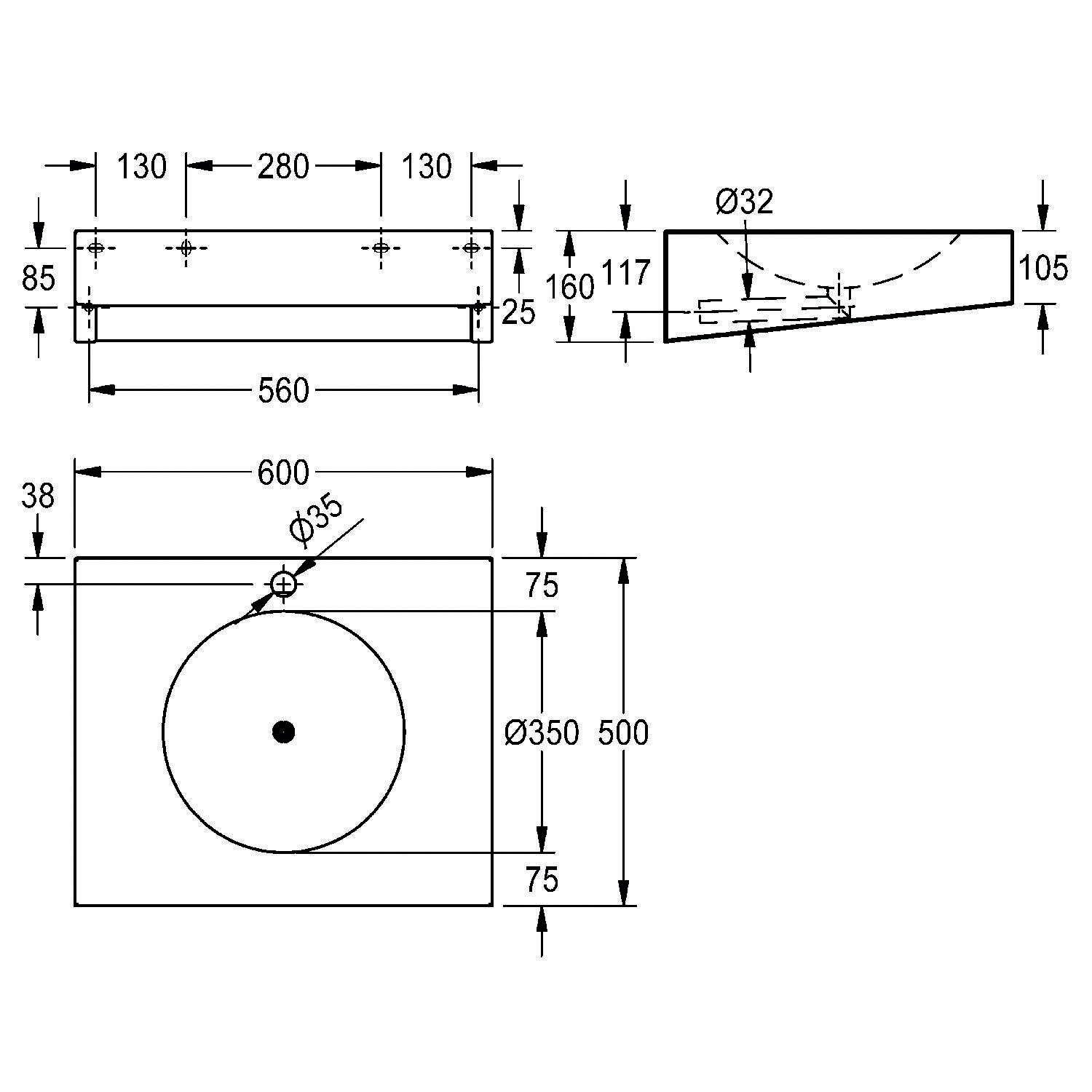 Technische Zeichnung eines rechteckigen Waschbeckens mit Abmessungen: Breite 600 mm, Tiefe 500 mm, Höhe 105 mm.Inklusive Ablaufgröße Ø 35 mm.