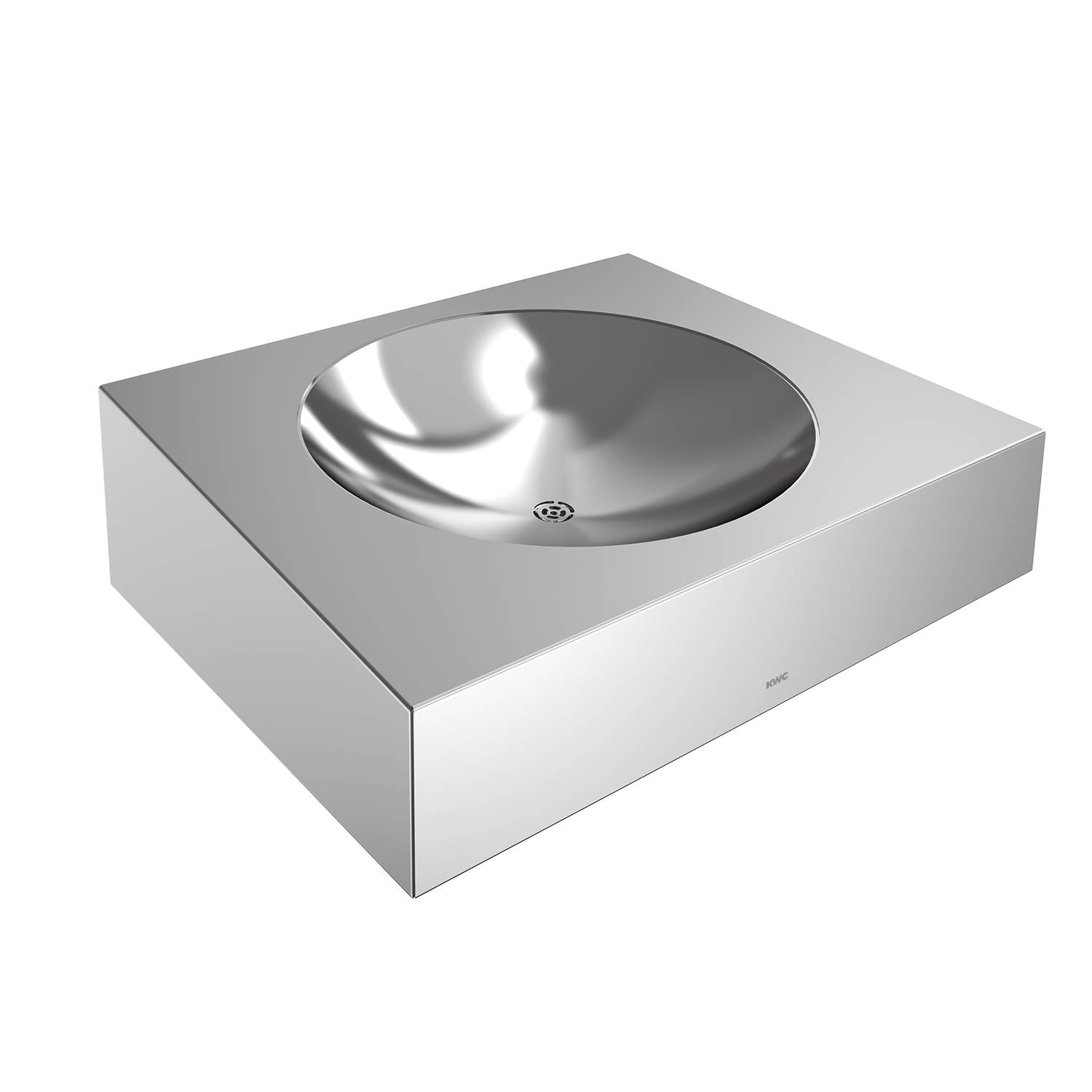 Ein moderner, quadratischer Metallwaschbecken mit einer abgerundeten Wanne auf einem schwarzen Hintergrund, der sein elegantes und minimalistisches Design betont.