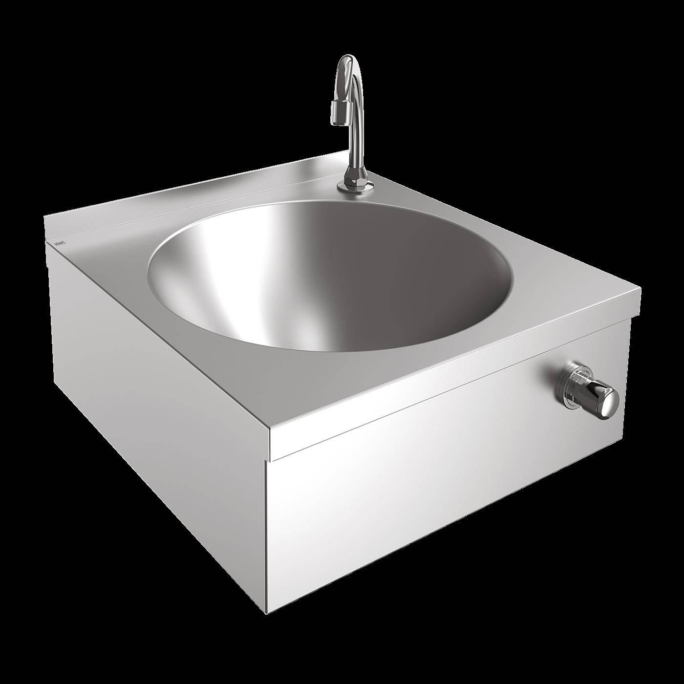 Wandmontiertes Edelstahlwaschbecken mit einem einzelnen Wasserhahn, dargestellt in einer einfachen Produktansicht auf schwarzem Hintergrund.