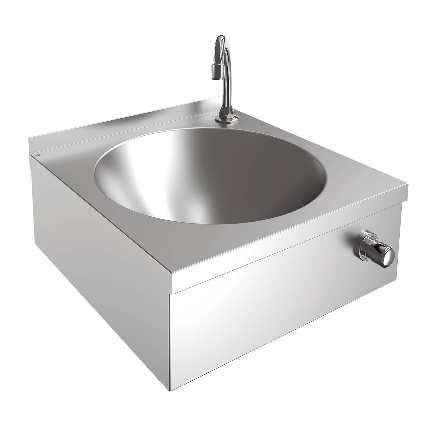 Edelstahl-Spülbecken mit quadratischer Form und gewölbter Wanne sowie einem einzelnen Wasserhahn vor schwarzem Hintergrund.