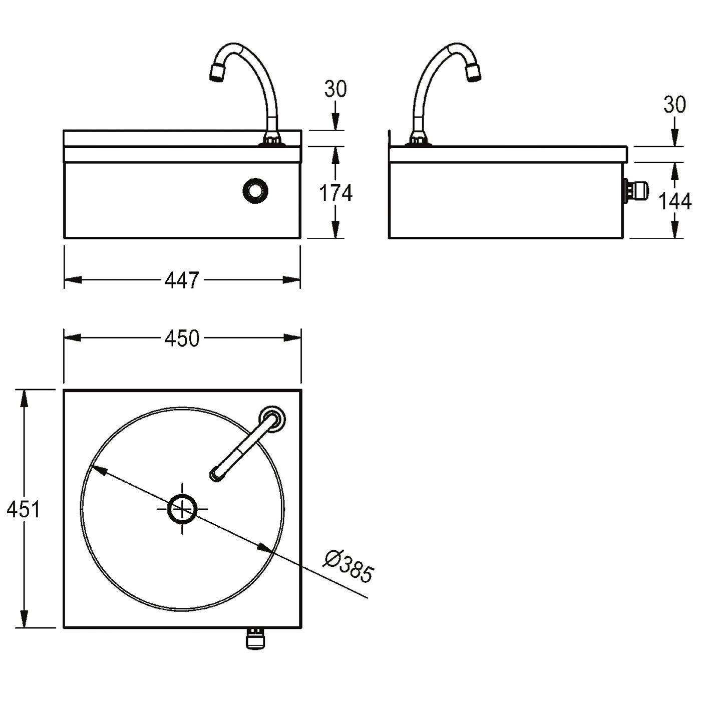 Bemaßte technische Zeichnung eines quadratischen Spülbeckens mit Armatur und Ablauf, mit Vorder-, Seiten- und Draufsicht mit Abmessungen 450 x 451 mm und Beckenduchmesser Ø385 mm.