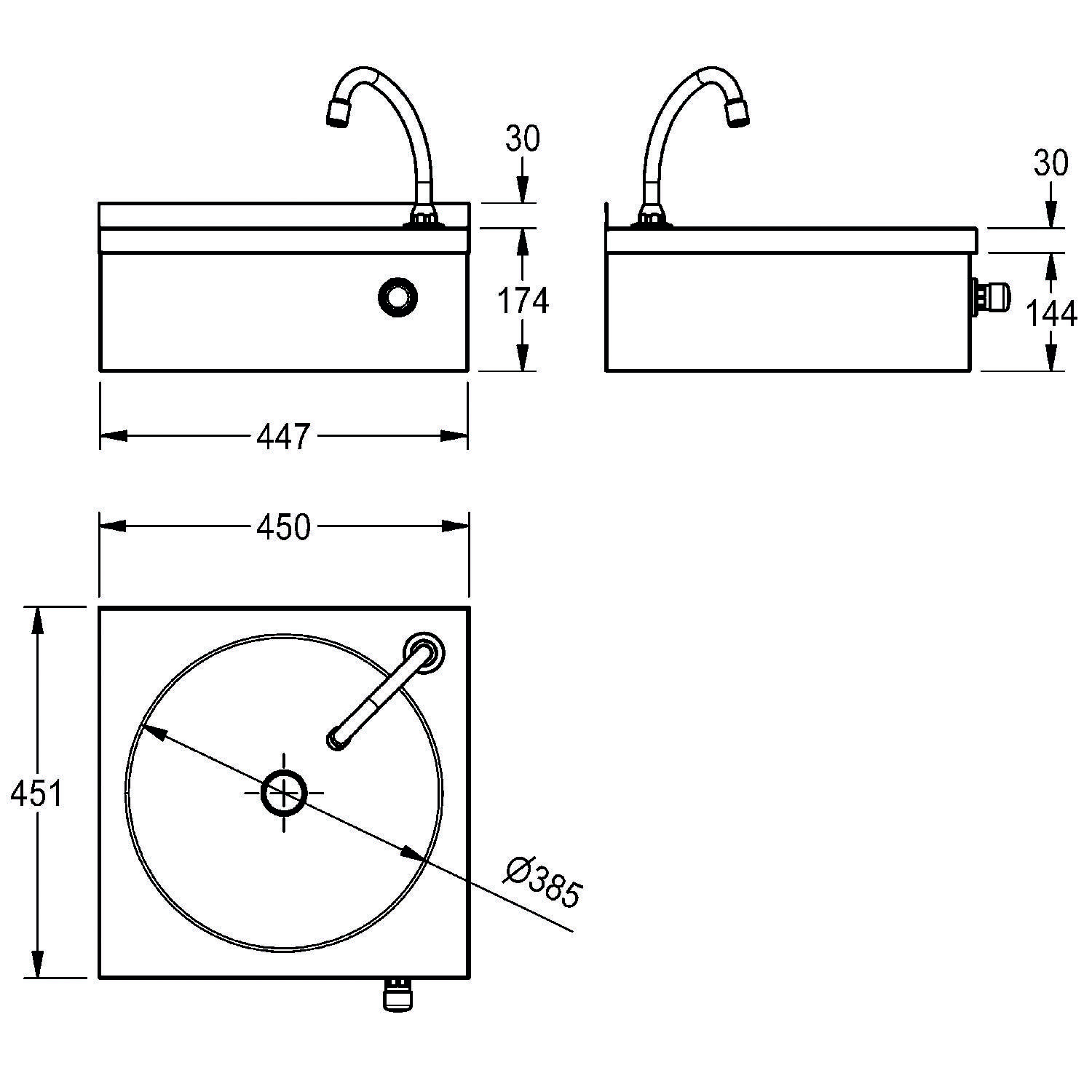 Technische Zeichnung eines Waschbeckens. Die Draufsicht zeigt ein rundes Becken mit einem einzigen Wasserhahn, Durchmesser 385 mm. Die Seitenansicht weist eine Höhe von 174 mm auf.