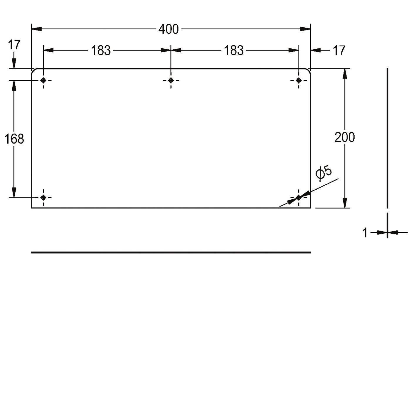 Technische Zeichnung eines 400 x 200 Rechteck-Panels mit vier Ecklöchern, obere Löcher mit 183 Abstand, ein Ø5 Loch vermerkt in der Nähe der unteren rechten Ecke.