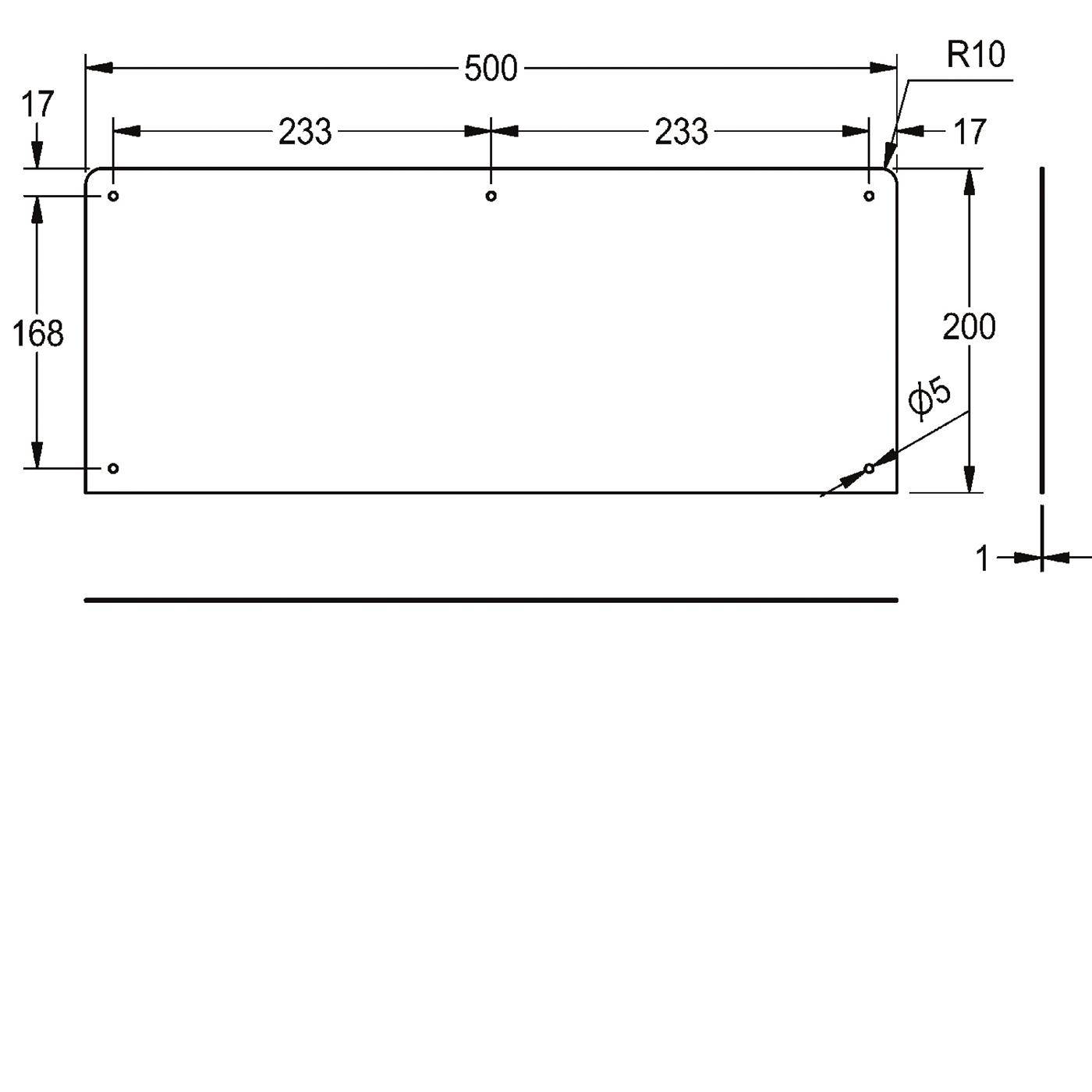 Bemaßte technische Zeichnung einer rechteckigen Platte: 500 mm breit, 200 mm hoch, 1 mm dick, R10 Ecken, drei Bohrungen und gekennzeichnete Versätze 17, 168, 233 und Ø5.