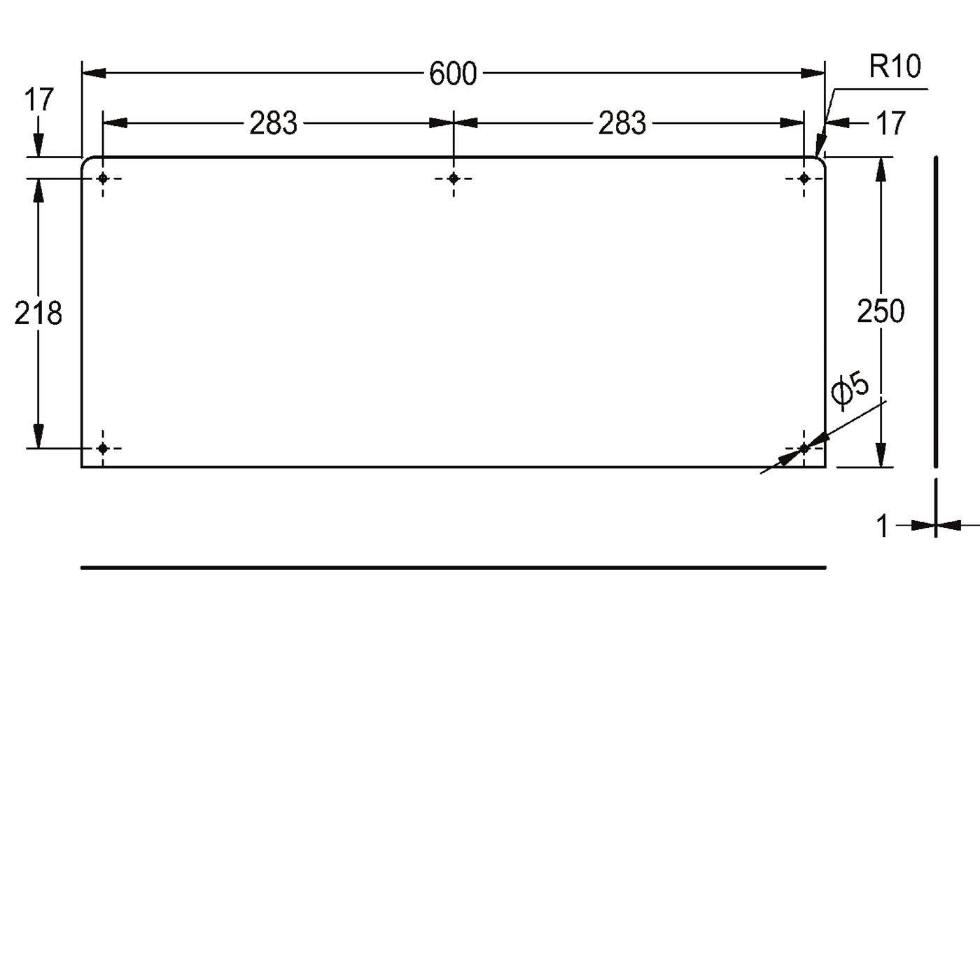 Technische Zeichnung eines Rechteck-Panels mit abgerundeten Ecken, 600 x 250 mm, mit 17 mm Eckversätzen, 283 mm Mittelpunktabstand, R10 Eckenradius und einem 5 mm Loch in der Nähe der unteren rechten Ecke.