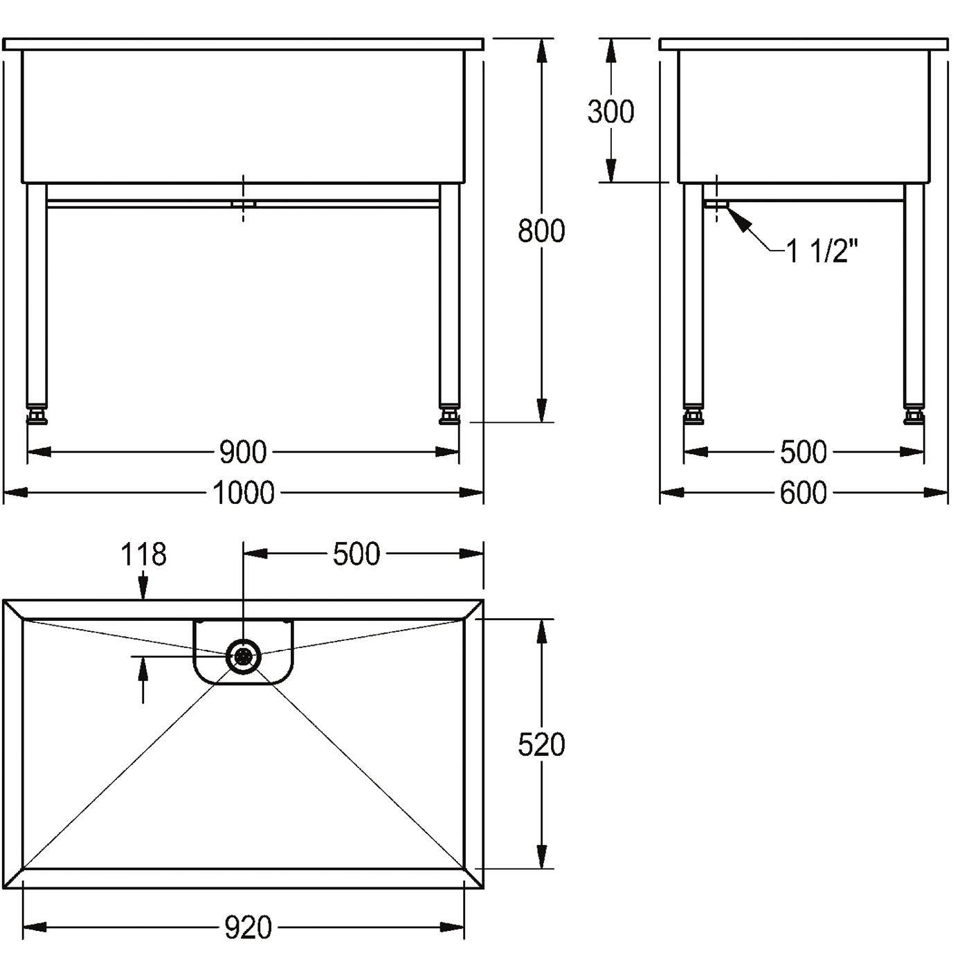 Technische Zeichnung eines rechteckigen Tisches mit Abmessungen: 1000 mm breit, 800 mm hoch, 600 mm tief und einer Draufsicht von 920 x 520 mm.