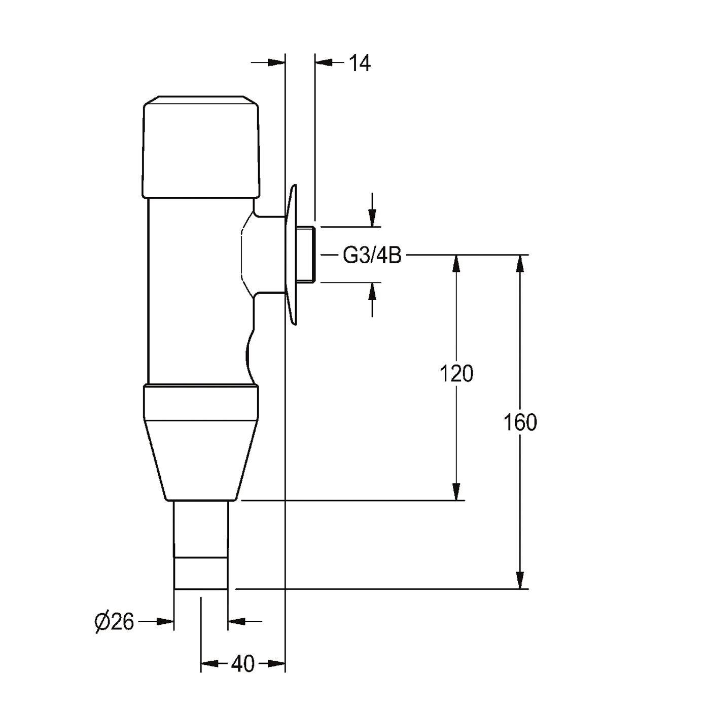 Technische Seitenansicht eines zylindrischen Bauteils mit Montageflansch, beschriftete Abmessungen 14, 120, 160, 40, Ø26 und G3/4B-Anschluss