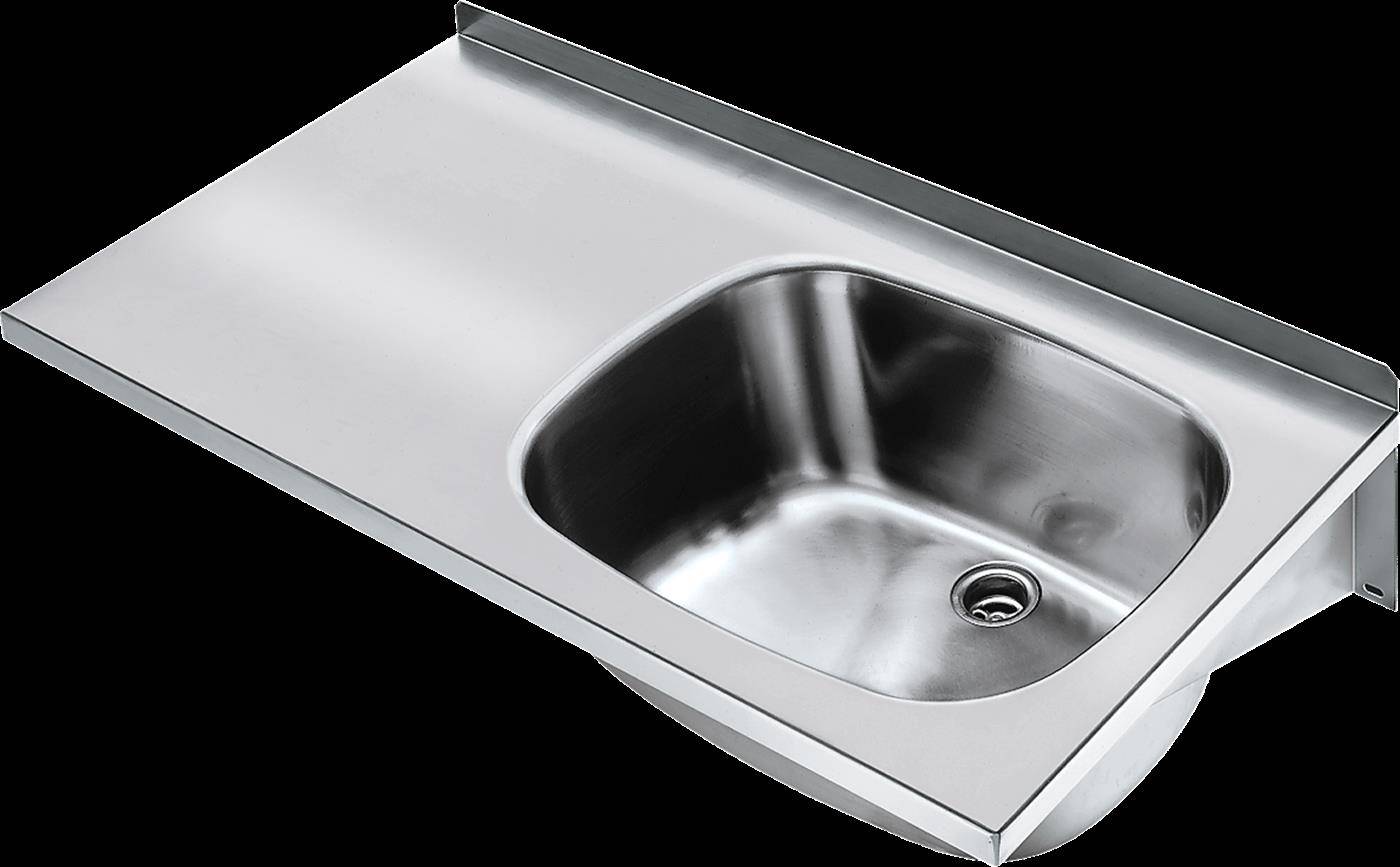 Edelstahlspülbecken mit einem Becken und integriertem Abfluss sowie breiter Arbeitsplattenkante, auf schwarzem Hintergrund dargestellt.