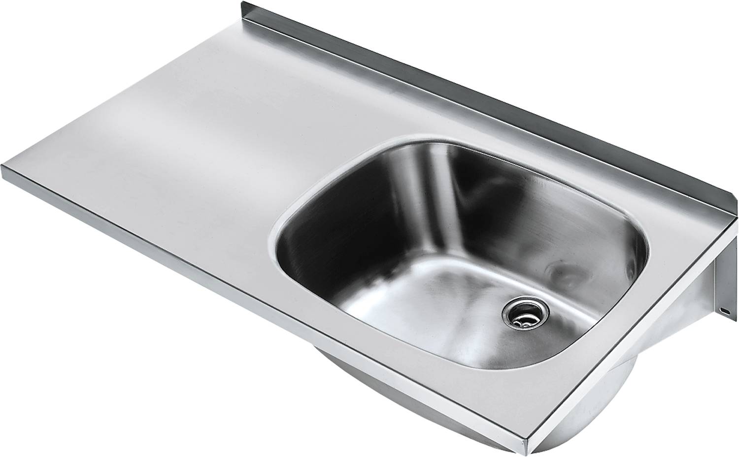 Ein moderner, metallischer Waschbecken mit einer einzelnen Mulde und einem Ablauf, der in eine glatte Arbeitsplatte eingelassen ist, von oben betrachtet.
