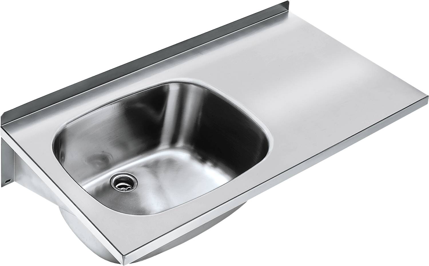 Ein Edelstahl-Küchenspülbecken mit glänzender, geschwungener Wanne und Ablaufbohrung, eingelassen in eine flache Arbeitsplatte, von oben betrachtet.