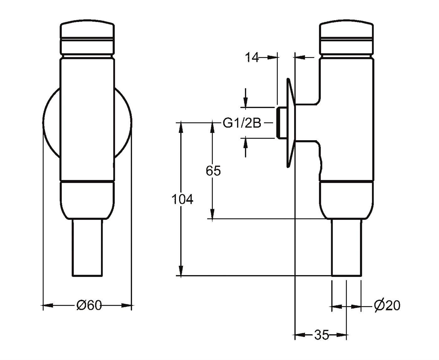 Technische Zeichnung eines zylindrischen Teils mit Vorder- und Seitenansicht mit Abmessungen: Durchmesser 60, Länge 104, Breite 35, Gewinde G1/2B und Ausgangsduchmesser 20.