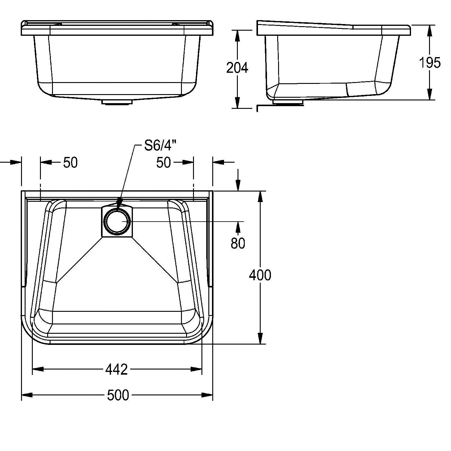 Technische Zeichnung eines rechteckigen Waschbeckens mit Abmessungen: 500 mm Breite, 400 mm Länge und 204 mm Höhe. Bohrung mit 'S6/4